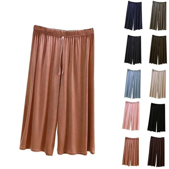 Oksale Wide Leg Pj Pants Women Casual Loose Plus Size Pajama Pants Breathable Trendy Capri Lounge Pants ELastic Waist Drawstring Summer Sleepwear Khaki L