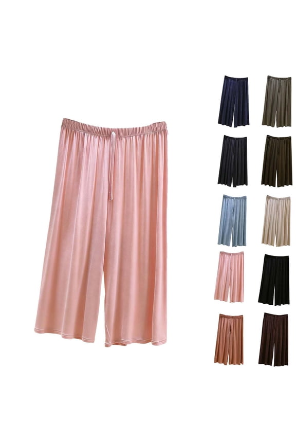 Wide Leg Pj Pants Women Casual Loose Plus Size Pajama Pants Breathable Trendy Capri Lounge Pants ELastic Waist Drawstring Summer Sleepwear Pink M