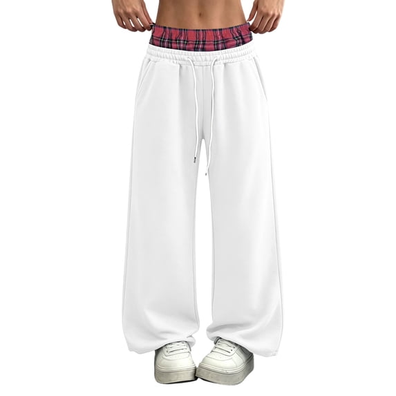 Oksale Wide Leg Sweatpants Women Loose Soft Cozy Fleece Sweat Pants Casual Drawstring Elastic Waisted Plaid Patchwork Baggy Pants Fashion Trousers White M