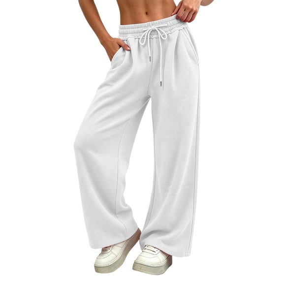 Oksale Wide Leg Sweatpants Women Petite Casual Elastic Drawstring High Waisted Sweat Pants with Pockets Loose Fit Soft Cozy Track Pants White M