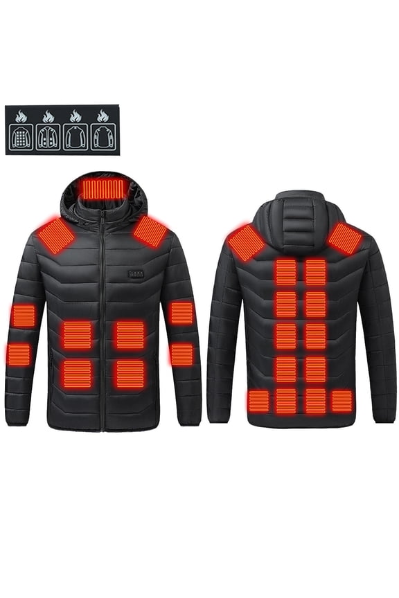 Windproof Heated Jacket for Women Men Plus Size Outdor Active Puffer Jackets with Detachable Hood Smart Thermal Unisex Outerwear Winter Heating Overcoats Black XXXL