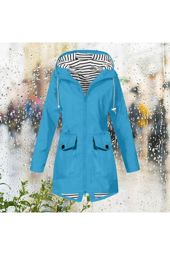 Windproof Rain Jackets for Women Plus Size Waterproof Windbreaker with Pockets Loose Fit Drawstring Raincoats Outdoor Active Coats for Hiking Camping Explore Hunting Blue XXL