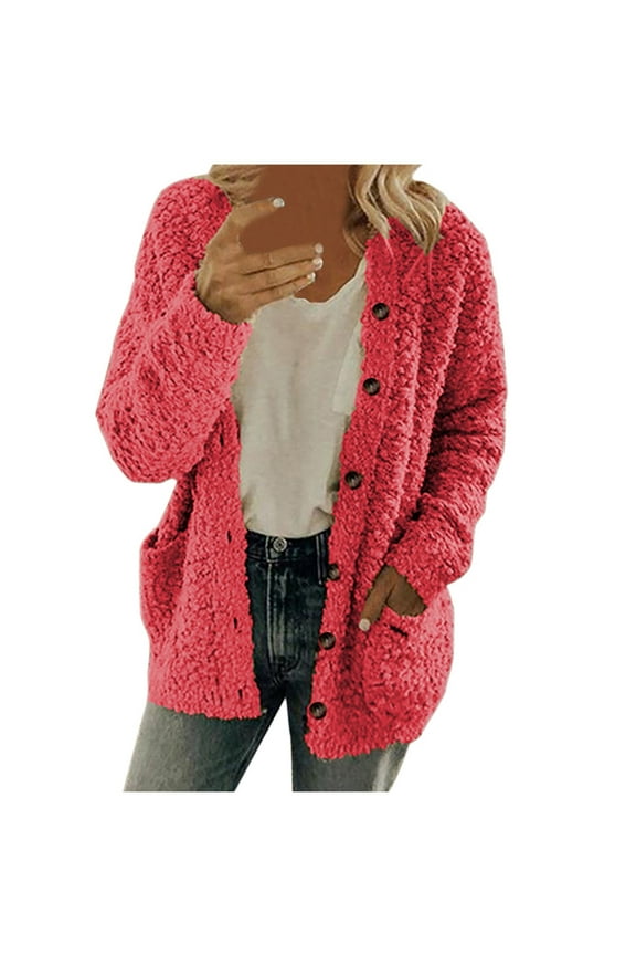 Winter Coats for Women Fuzzy Fleece Cardigan Sweaters Plus Size Button Down Outerwear Long Sleeve Sweater 2025 Pink L
