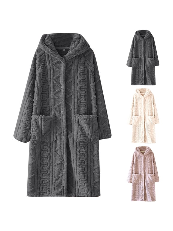 Winter Flannel Housecoats for Women with Button Front Soft Long Sleeve Hooded Robes with Pockets Mid Length Loungewear Beige