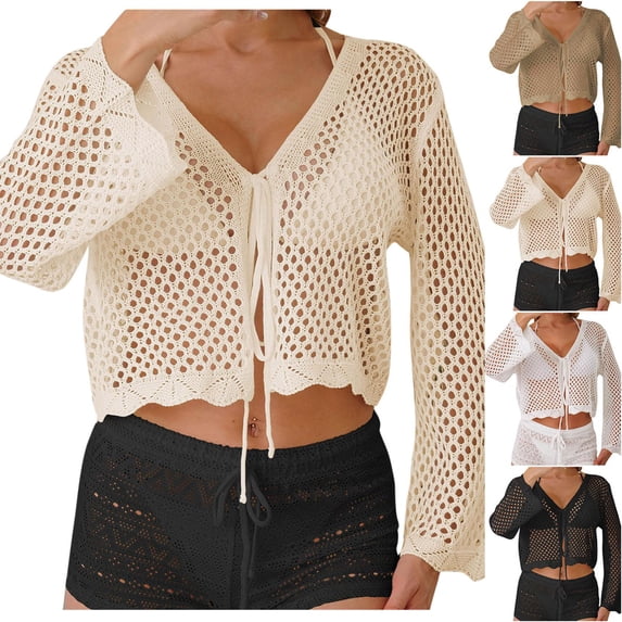 Oksale Women Crochet Cardigan Hollow Out Bell Sleeved Cropped Cover Up Cozy Long Sleeve Summer Cardigans for Holiday Beige Free Size