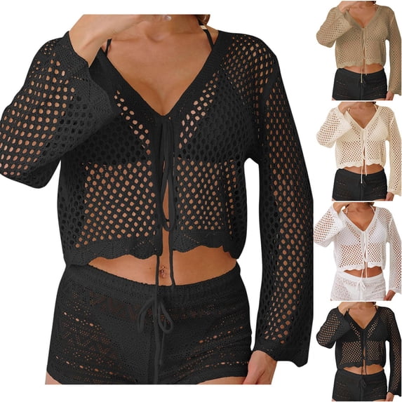 Oksale Women Crochet Cardigan Hollow Out Bell Sleeved Cropped Cover Up Cozy Long Sleeve Summer Cardigans for Holiday Black Free Size