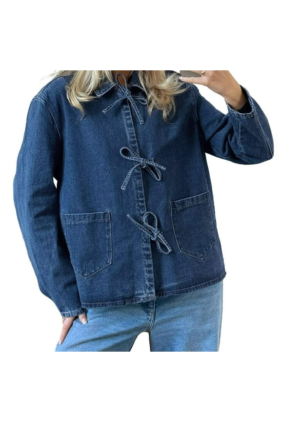 Women Jean Jacket Trendy Bow Tie Jacket Shacket Lapel Denim Jacket with Pockets Loose Long Sleeve Jackets Coat Blue L