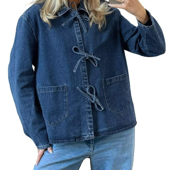 Oksale Women Jean Jacket Trendy Bow Tie Jacket Shacket Lapel Denim Jacket with Pockets Loose Long Sleeve Jackets Coat Blue S