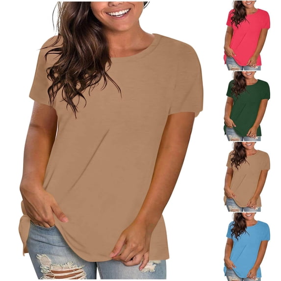 Oksale Women Plus Size T-shirts Casual Crewneck Basic Tees Loose Breathable Short Sleeve Cotton Tshirts Soft Comfy Classic Clothing Khaki XXL