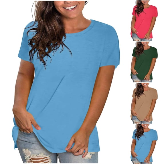 Oksale Women Plus Size T-shirts Casual Crewneck Basic Tees Loose Breathable Short Sleeve Cotton Tshirts Soft Comfy Classic Clothing Light Blue XXXXL
