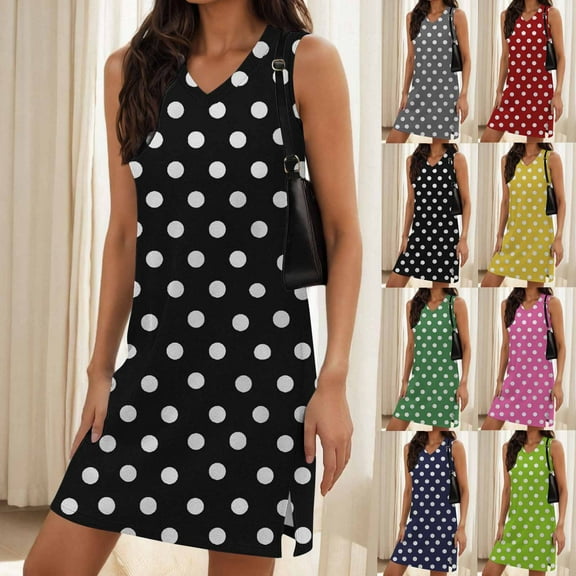 Oksale Women Polka Dot Dress Mini Sleeveless Plus Size Dresses Casual V Neck Holiday Party Dress Trendy Soft Cozy Side Split Going Out Dresses Navy XXL