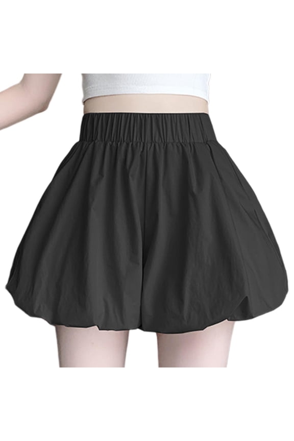 Women's Bubble Shorts Trendy Elastic Waisted Y2K Shorts Casual A Line Solid Color Summer Shorts for Holiday Party Black L
