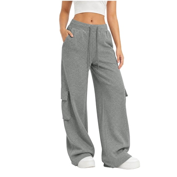 Oksale Women's Cargo Sweatpants Tall Pull On Straight Leg Sweat Pants with Pockets Elastic Drawstring High Waisted Track Pants Fall Clothes Gray M