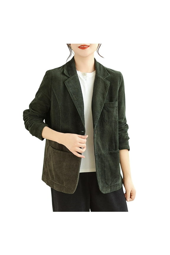 Women's Corduroy Jacket with Pockets Vintage Lapel Jackets Comfy Long Sleeve Coat Classic Fit Fall Winter Outerwear 2025 Green XXL