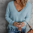 thumbnail image 1 of Oksale Women's Distressed Hem Sweaters Trendy Frayed Crop Sweater Casual Deep V Neck Cotton Jumpers Cozy Long Sleeve Top Sexy Elegant Fashion Tops Light Blue M, 1 of 9