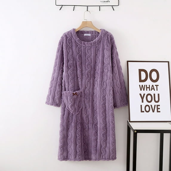 Oksale Women's Flannel Night Gowns with Pockets Fuzzy Fleece Night Gown Long Sleeve Sleep Shirt Casual Crewneck Nightgown Solid Color Loungewear Soft Warm Pajama Dress 2025 Purple L