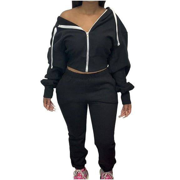 Oksale Women's Full Zip Sweatsuits Set 2PC Fleece Lined Hoodies Casual Jogger Sweatpants Baggy Fall Winter Outfit for Athletic 2025 Black XXL