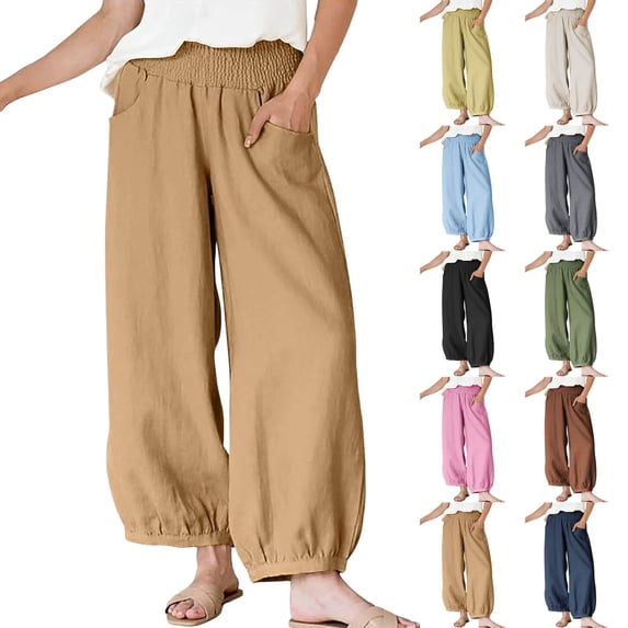 Oksale Women's Linen Pants Trendy Loose Lantern Pants with Pockets Casual Lightweight High Smocked Waisted Ankle Pants Coffee S