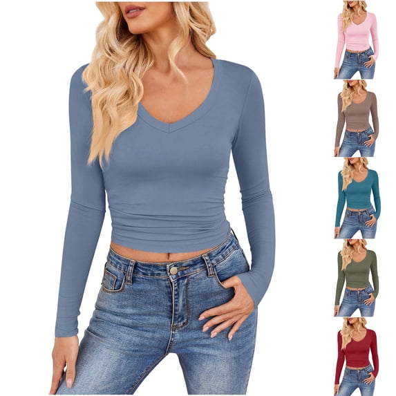 Oksale Women's Long Sleeve Shirts Slim Fit Trendy V Neck Fall Tops Lightweight Soft Comfy Tshirts Going Out Tops Blue L
