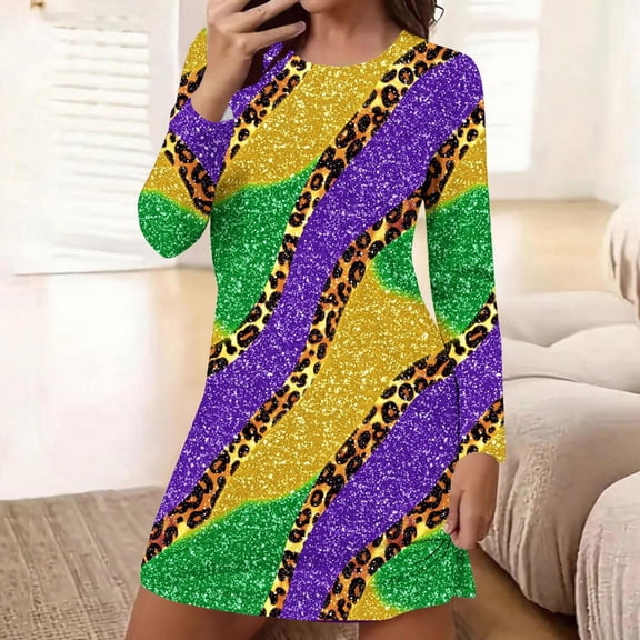 Oksale Women's Mardi Gras Mini Nightgowns Soft Cozy Long Sleeve Loungewear Casual Crewneck Holiday Dress Breathable Lightweight Ladies Fashion Clothing Purple M