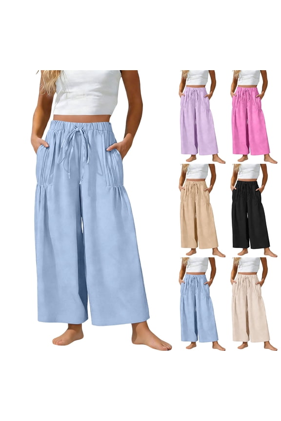 Women's Palazzo Pants for Petite Loose Fit Comfy Wide Leg Pants Casual Elastic Drawstring Elastic Waisted Summer Trousers with Pockets Beige S
