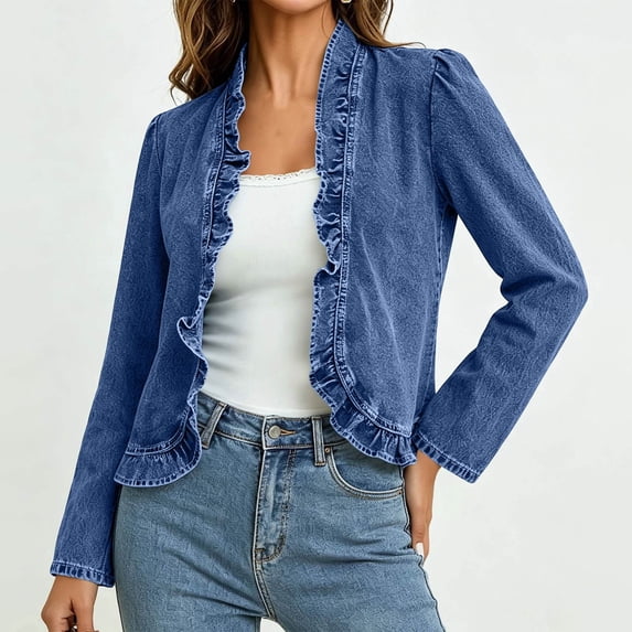Oksale Women's Ruffled Denim Jackets Trendy Open Front Crop Cardigan Cozy Long Sleeve Jean Jacket Fall Going Out Tops Dark Blue M