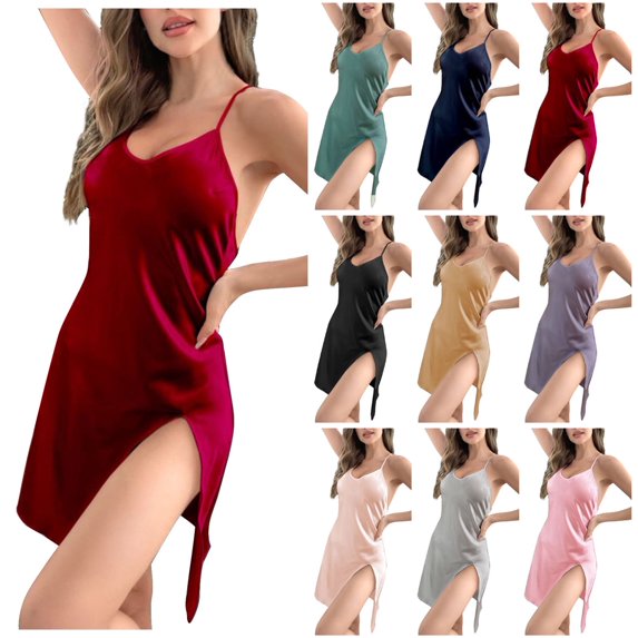 Oksale Women's Sexy Strapless Nightgowns Trendy Side Split Short Sleep Shirt Spaghetti Strap Night Gown Cozy Solid Color Loungewear Sleeveless Pajama Dress 2025 Navy S