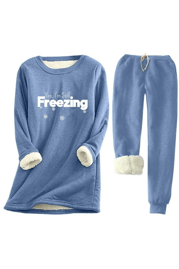 Womens 2 PC Sweatsuits Plus Size Fleece Sherpa Lined Sweatshirts Casual Print Sweatpants Freezing Outfits Warm Winter Sets Blue XXXXXL