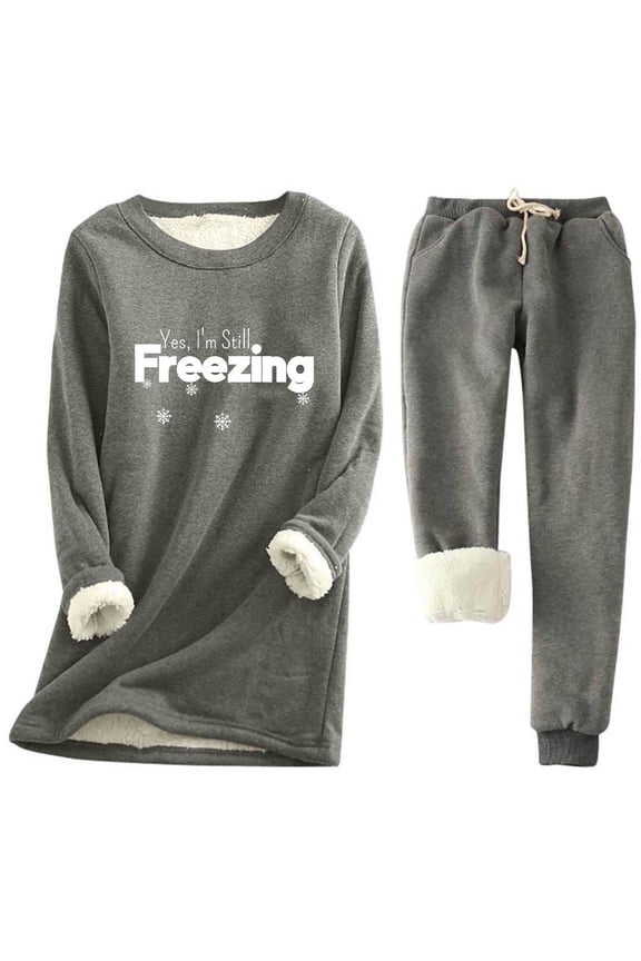 Womens 2 PC Sweatsuits Plus Size Fleece Sherpa Lined Sweatshirts Casual Print Sweatpants Freezing Outfits Warm Winter Sets Dark Gray XXXL