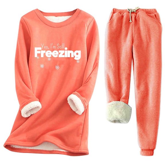 Oksale Womens 2 PC Sweatsuits Plus Size Fleece Sherpa Lined Sweatshirts Casual Print Sweatpants Freezing Outfits Warm Winter Sets Orange XXXXL