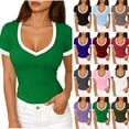 thumbnail image 1 of Oksale Womens Basic Tees 2026 Soft Cozy Knit Ribbed Tshirts Trendy Deep V Neck Summer Tops for Going Out Wine S, 1 of 7