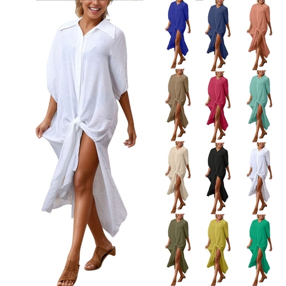 Oksale Womens Bathing Coverups Soft Cozy 3/4 Sleeve Cotton Dress Casual Button Down Beach Cover Ups Green Free Size