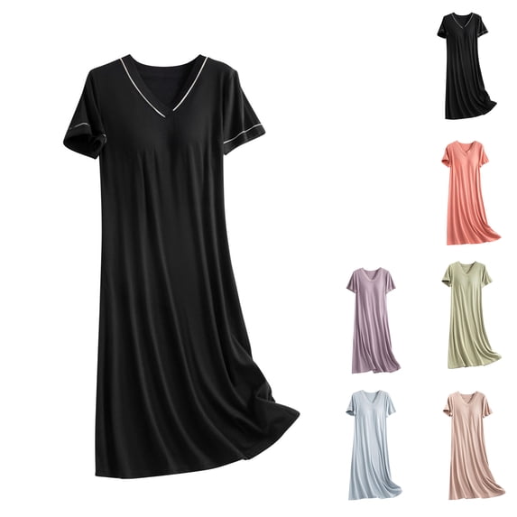Oksale Womens Built in Bra Night Gowns Soft Modal Cotton Night Dress Plus Size Casual V Neck Sleep Shirt Short Sleeve Pajama Dress Solid Color Mid Length Loungewear for Home Black L