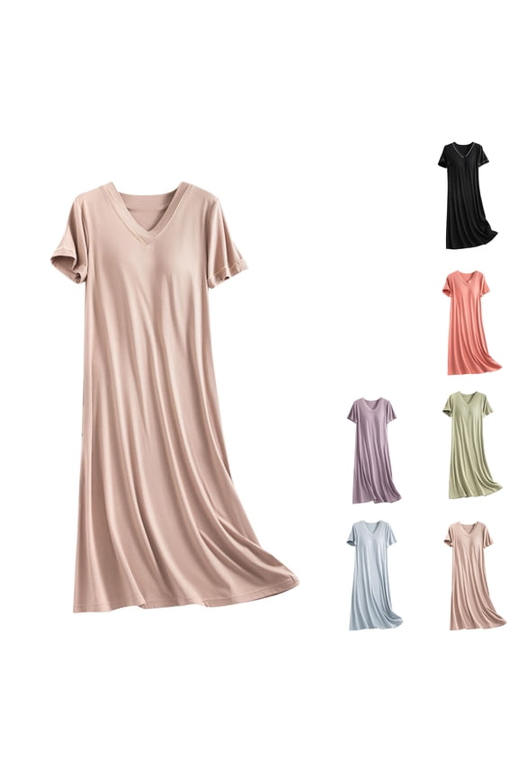Womens Built in Bra Night Gowns Soft Modal Cotton Night Dress Plus Size Casual V Neck Sleep Shirt Short Sleeve Pajama Dress Solid Color Mid Length Loungewear for Home Khaki M