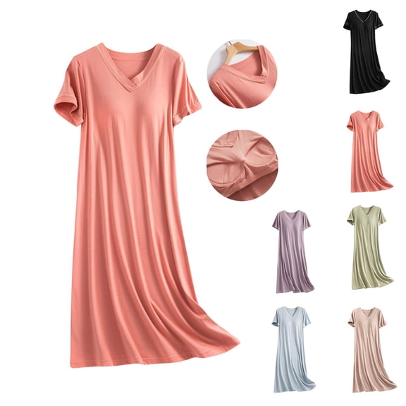 Oksale Womens Built in Bra Night Gowns Soft Modal Cotton Night Dress Plus Size Casual V Neck Sleep Shirt Short Sleeve Pajama Dress Solid Color Mid Length Loungewear for Home Orange XXXL