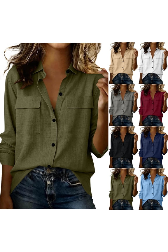 Womens Button Down Blouse Business Casual Cotton Linen Shirts with Pockets Cozy Long Sleeve Summer Tops 2026 Black M