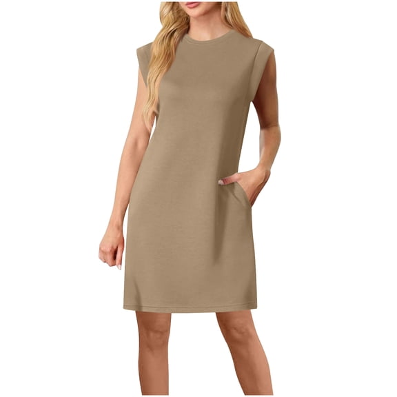Oksale Womens Cap Sleeve Summer Dresses with Pockets Casual Round Neck Going Out Dress Trendy Side Split Mini Dress for Travel Office Khaki 2XL