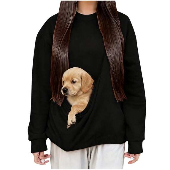 Oksale Womens Cat Dog Pouch Fleece Sweatshirts with No Hood Pet Carrier Kangaroo Pouch Pullover Loose Long Sleeve Shirts Soft Warm Winter Tops Black XXL