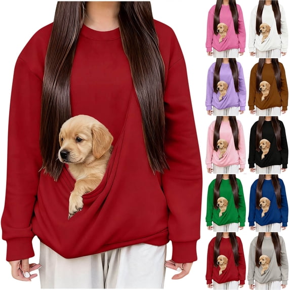Oksale Womens Cat Dog Pouch Fleece Sweatshirts with No Hood Pet Carrier Kangaroo Pouch Pullover Loose Long Sleeve Shirts Soft Warm Winter Tops Gray M