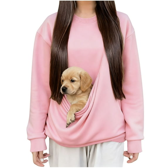 Oksale Womens Cat Dog Pouch Fleece Sweatshirts with No Hood Pet Carrier Kangaroo Pouch Pullover Loose Long Sleeve Shirts Soft Warm Winter Tops Pink L