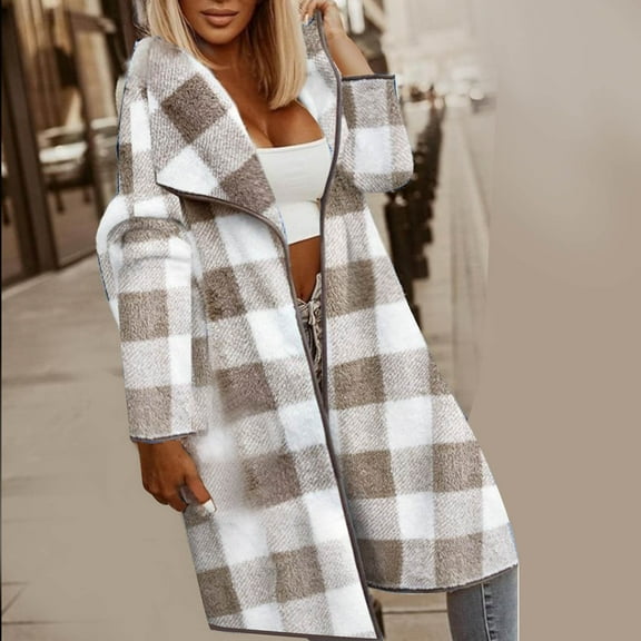 Oksale Womens Check Jackets Fuzzy Fleece Midi Shacket Jacket Open Front Fall Winter Coats Soft Long Sleeve Lapel Overcoats Warm Cozy Outerwear for Outside 2025 Khaki XL