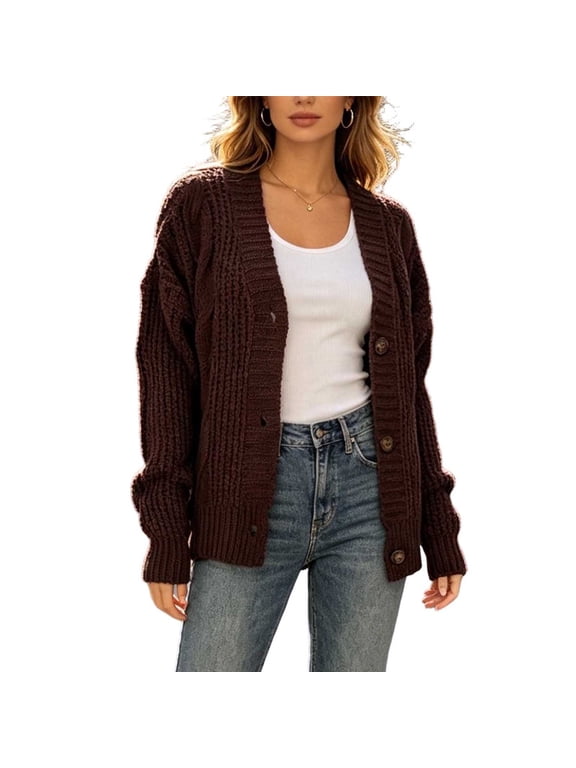 Womens Chunky Knit Cardigan Sweaters with Buttons Soft Comfy Long Sleeve Cardigans Casual Open Front Fall Fashion Clothing Coffee M