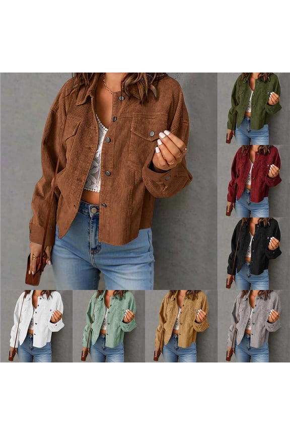 Womens Corduroy Jacket with Pockets Cotton Button Down Jackets Casual Lapel Overcoats Cozy Long Sleeve Fall Coats Retro Ladies Outerwear Gray S