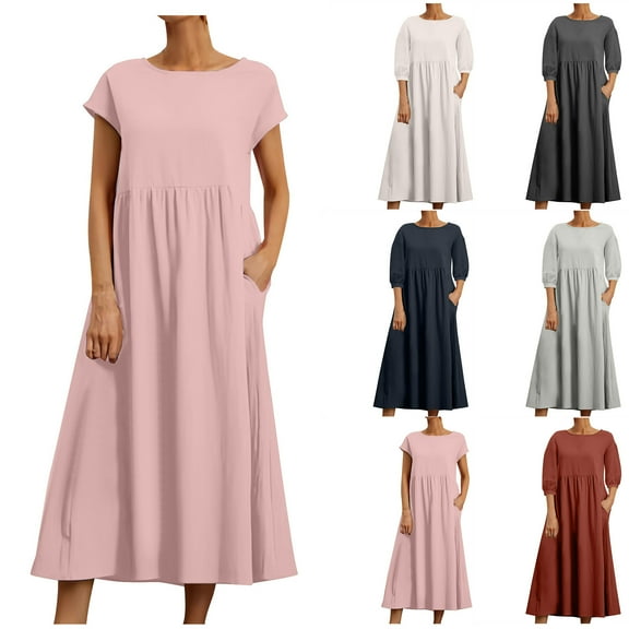 Oksale Womens Cotton Linen Dresses with Pockets Loose Fit Mid Length Dress Casual Round Neck Dresses Elegant Short Sleeve Fall Dress Navy M