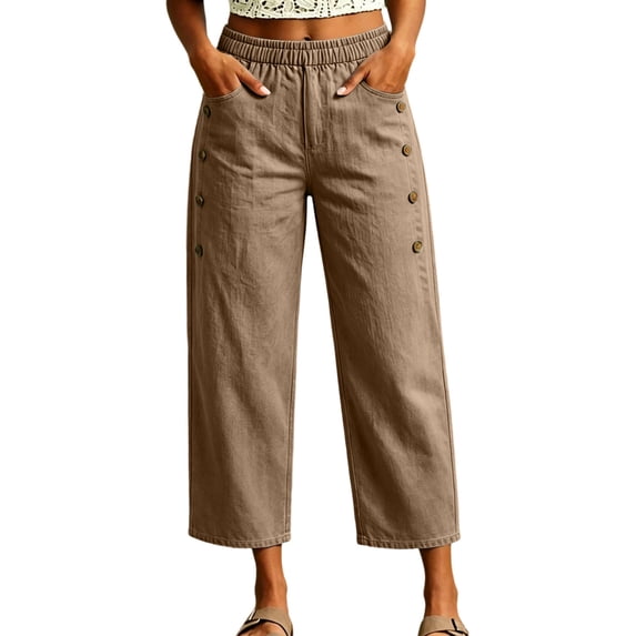 Oksale Womens Cotton Linen Pants with Pockets Petite Loose Straight Leg Pants Casual Elastic Waisted Summer Pants Lightweight Breathable Comfy Pants Khaki 3XL