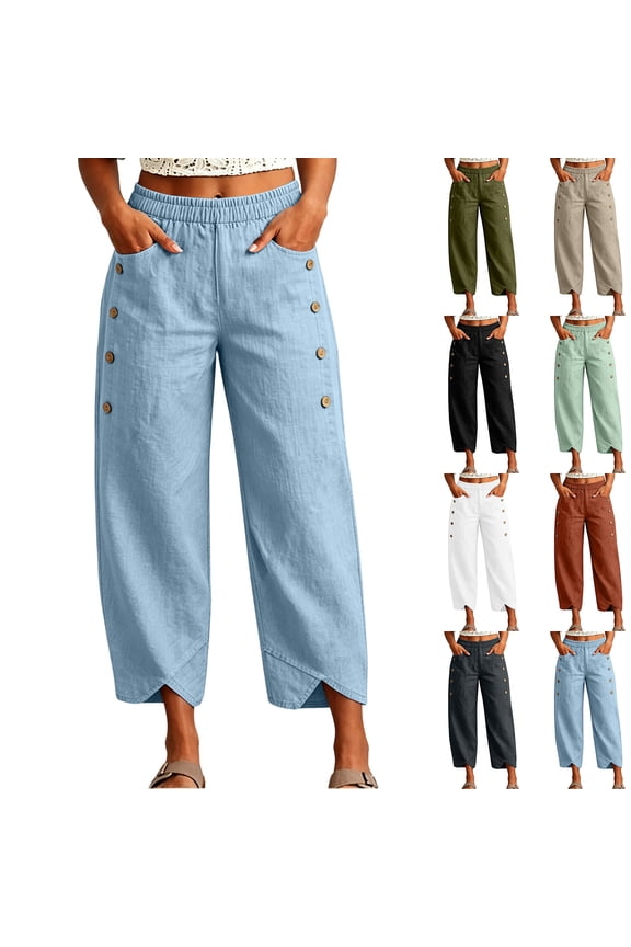 Womens Cotton Pants Petite Petal Hem Ankle Pants with Pockets Elastic High Waisted Straight Leg Casual Pants for Going Out Blue 2XL