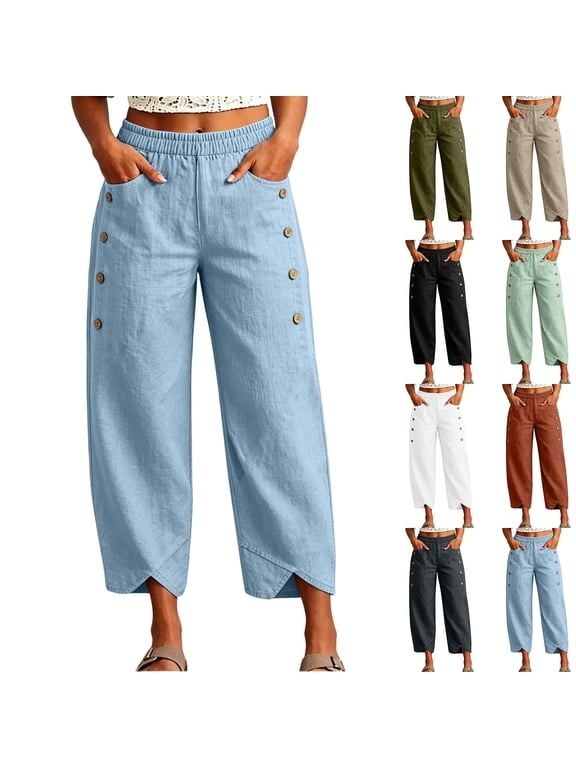 Womens Cotton Pants Petite Petal Hem Ankle Pants with Pockets Elastic High Waisted Straight Leg Casual Pants for Going Out Mint Green M
