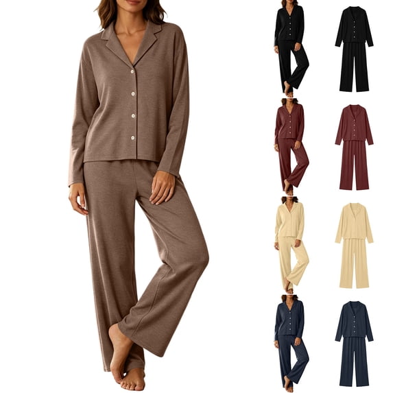 Oksale Womens Cozy Pajama Sets Stretch Soft Long Sleeve Button Down Loungewear Set Loose Cozy Elatic High Waisted Sleepwear Blue XL