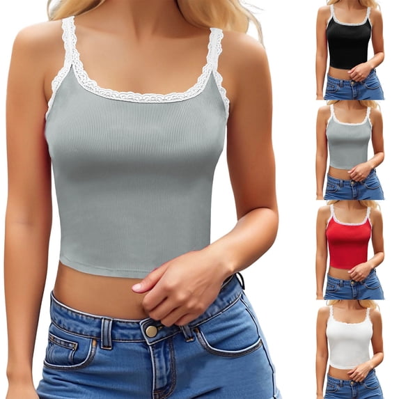 Oksale Womens Cropped Camisole Lace Spaghetti Straps Summer Tops Soft Cozy Lightweight Ribbed Knit Basic Undershirts 2026 Red S