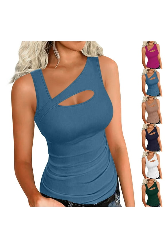 Womens Cutout Tank Tops Casual Cozy Ribbed Summer Camisole Tops Slim Fitted Cami Tanks 2026 White L